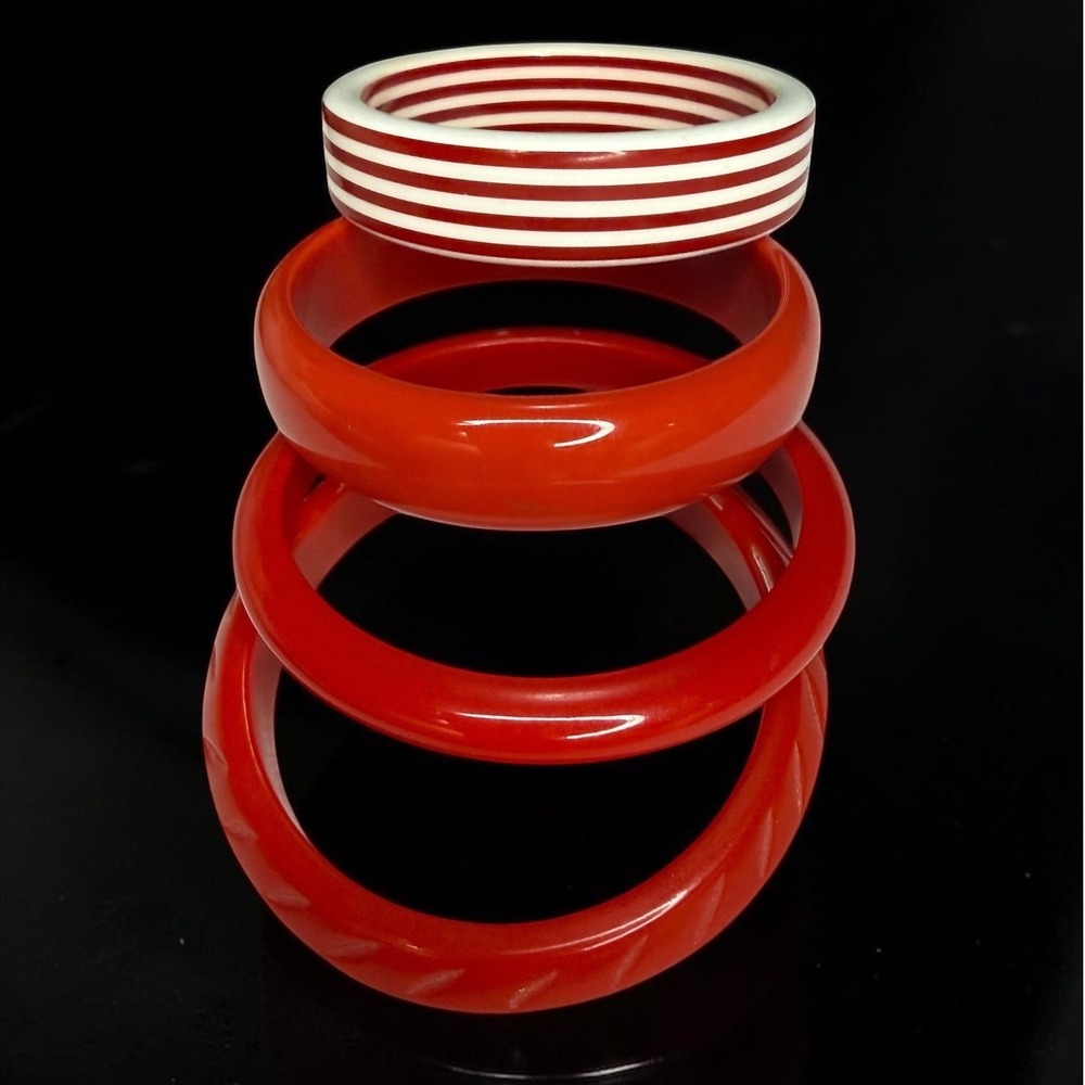 Vintage Cherry Red Bangle Bracelets Lot of 4 Resin Acrylic Chunky Jewelry 50s